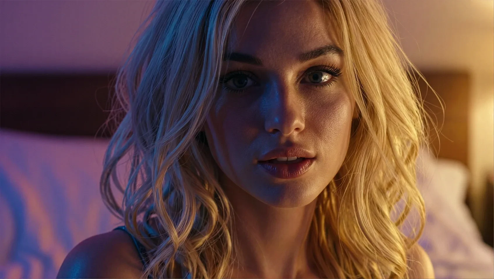 Wide scene of a fictional AI character at a waterfront railing under city lights at night