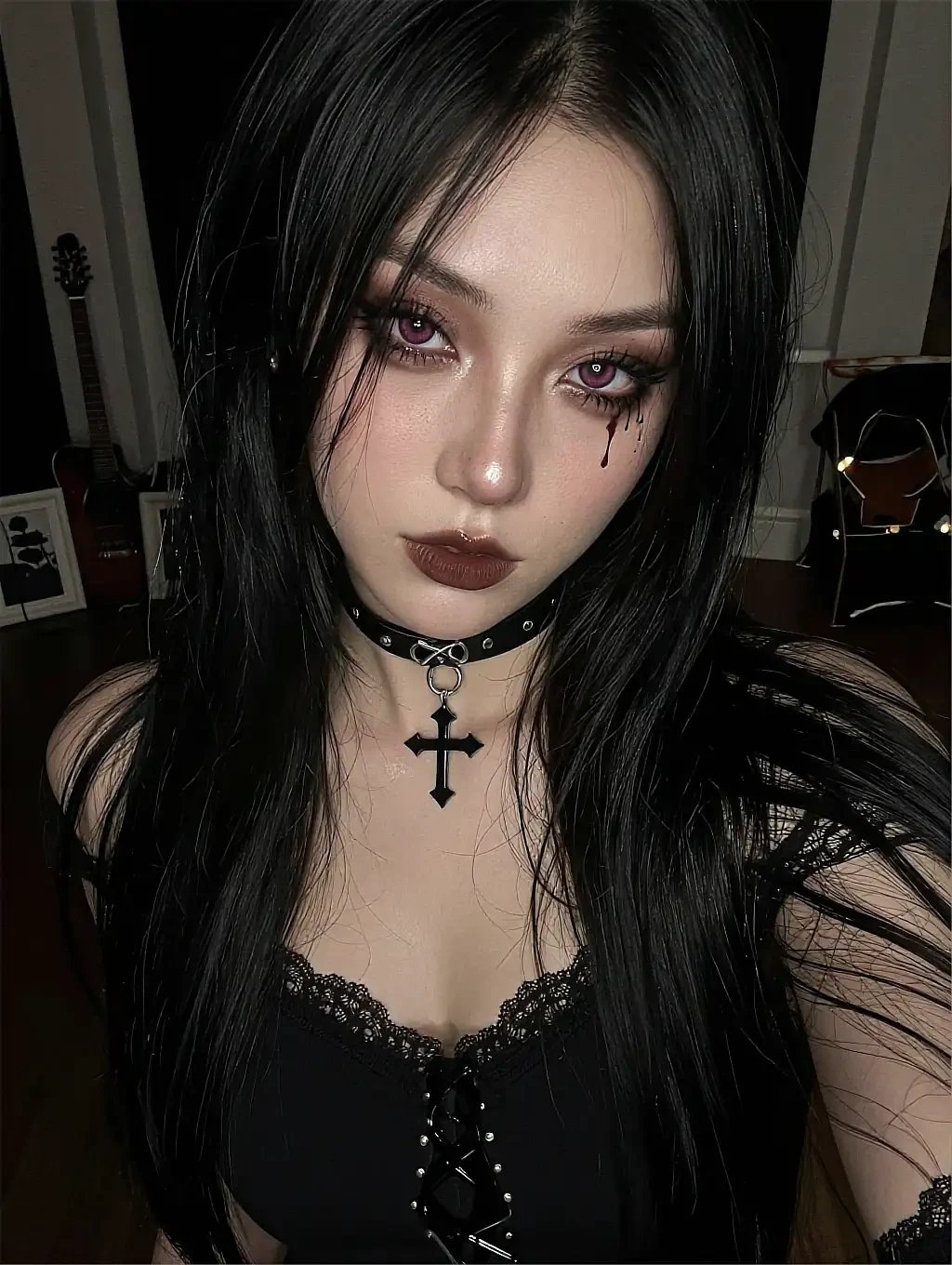 Fictional AI character with dark hair and purple contacts in a gothic lace corset and cross choker in a dim room