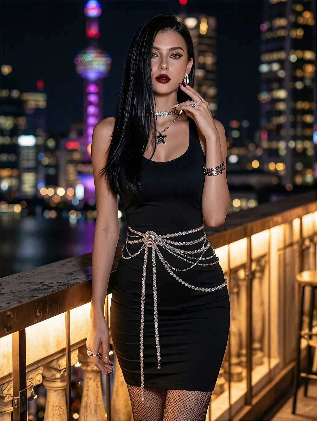 Fictional AI character with straight black hair in a black dress and crystal chain belt leaning on a railing above a lit skyline