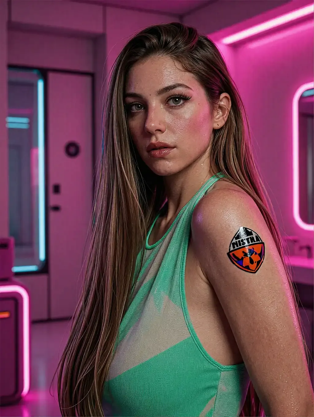 Fictional AI character with long sandy hair in a mint tank top inside a neon pink-lit room