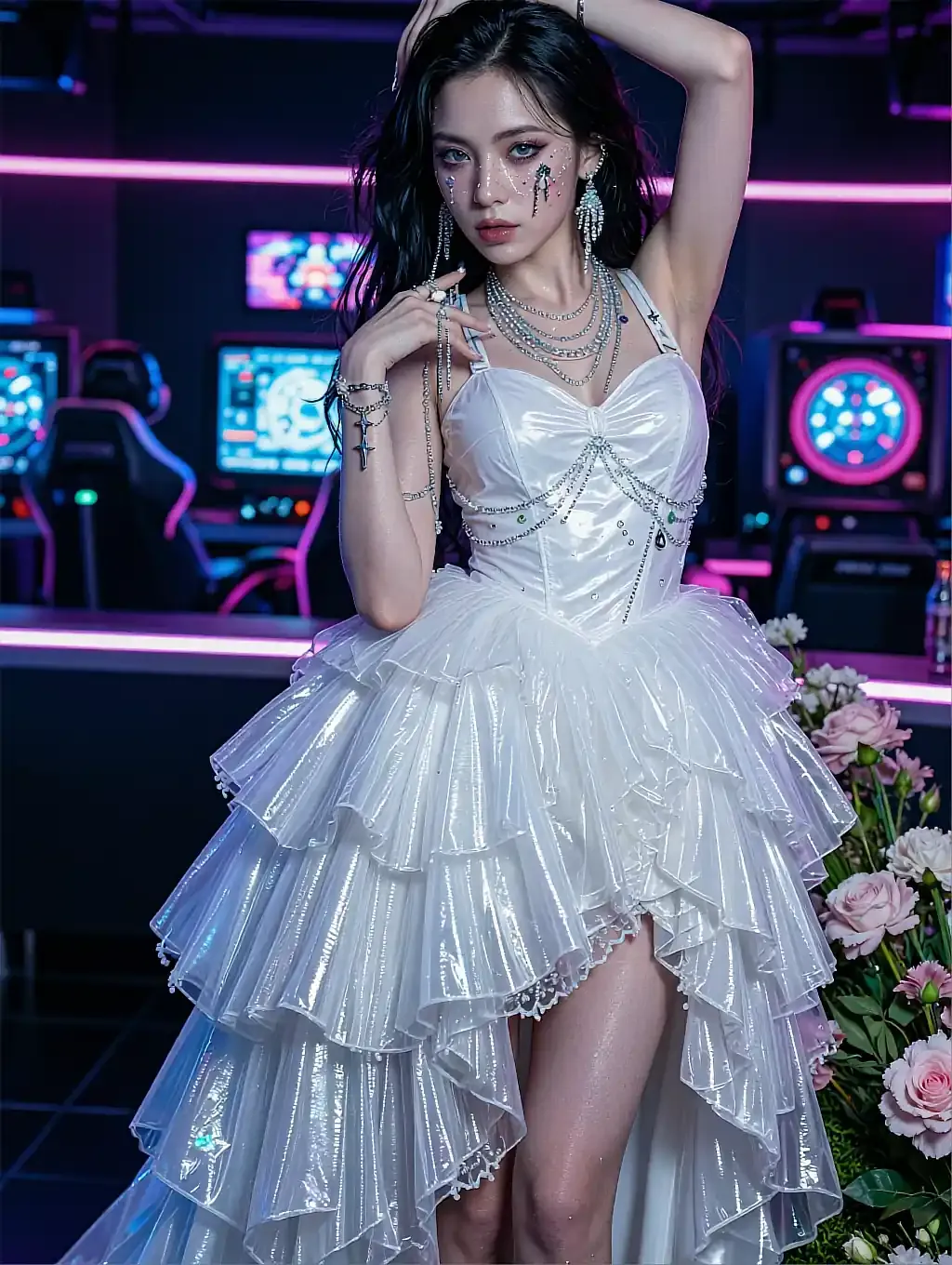 Fictional AI character in a layered white tulle dress with rhinestones and face gems in a neon arcade room with pink flowers