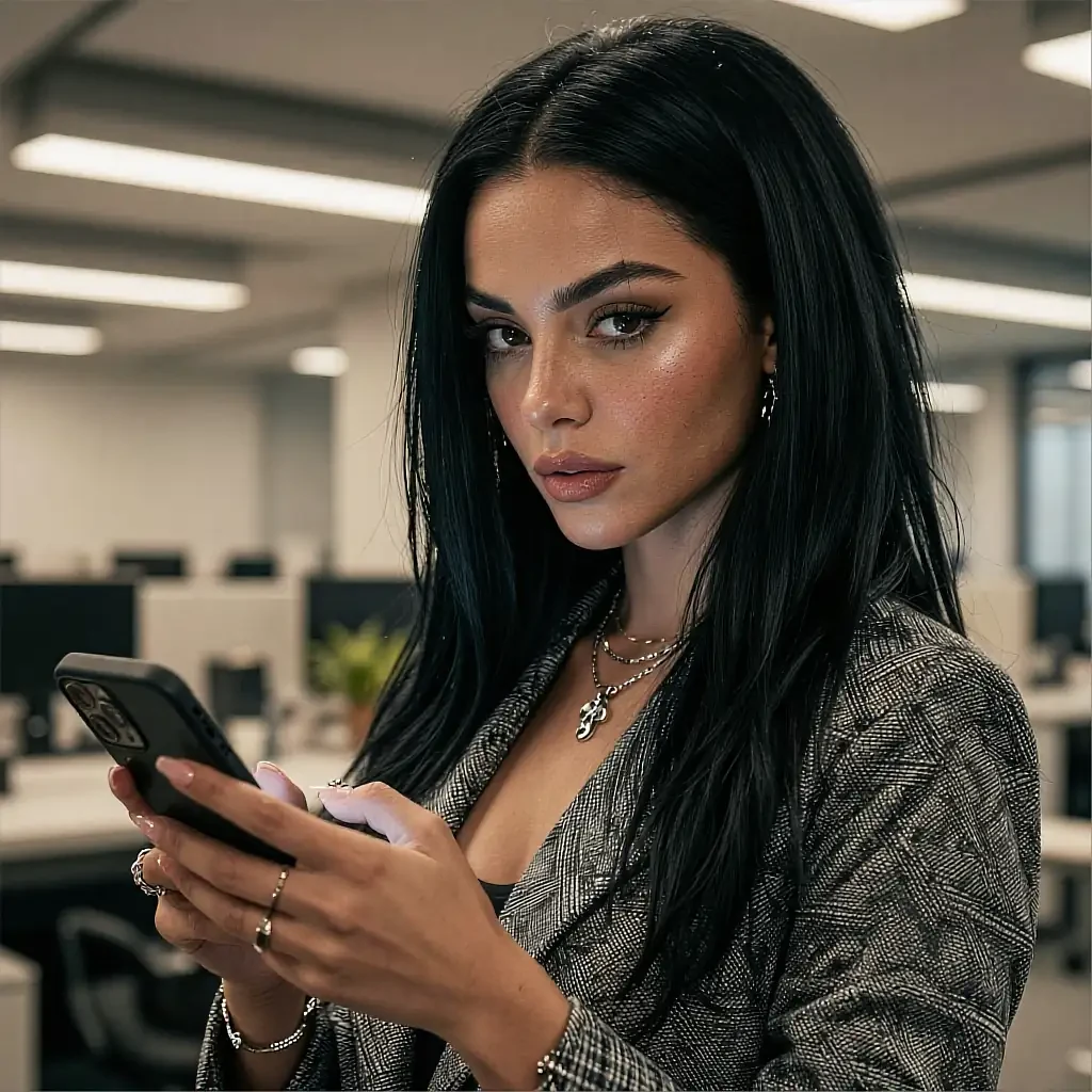 Fictional AI character with black hair holding a phone in a modern office under fluorescent lighting