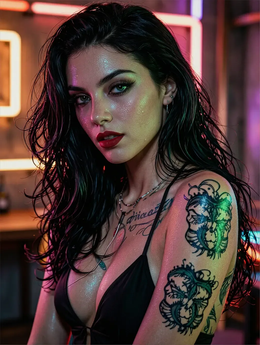Fictional AI character with dark wavy hair and tattoos under neon bar lights in a black tank top